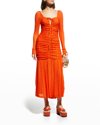 Ganni Textured Ruched Jersey Midi Dress In Orangedotcom