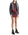 Dsquared2 Cropped Raw Hem Denim Jacket W/ Checked Shirt Insert In Black