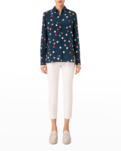 Akris Punto Polka Dot Crepe De Chine Collared Blouse In Denim Multi