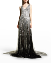 PAMELLA ROLAND SEQUIN EMBROIDERED TULLE CAPE GOWN