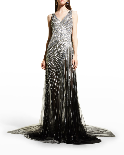 Pamella Roland Sequin Embroidered Tulle Cape Gown In Black Silver