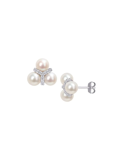 Sonatina Women's Sterling Silver, 6-6.5mm White Round Freshwater Cultured Pearl & White Topaz Cluster Earring
