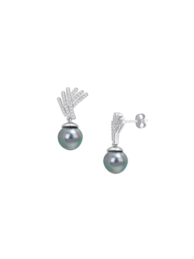 Sonatina Women's Sterling Silver, 9.5-10mm Tahitian Fresh Water Pearl & Diamond Drop Earrings