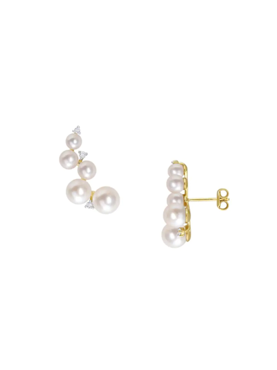 Sonatina Women's Sterling Silver, 4-7mm Round Cultured Freshwater Pearl & White Topaz Ear Climbers