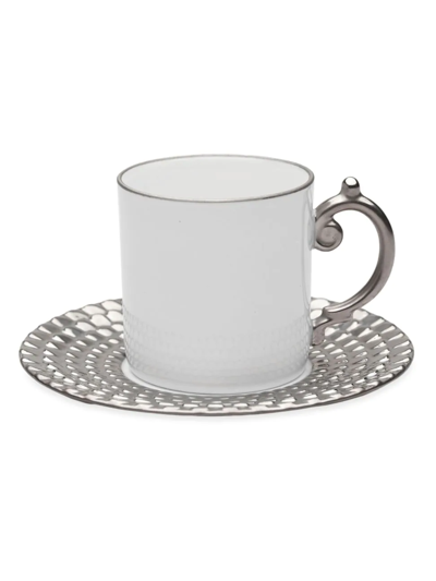 L'objet Aegean Espresso Cup & Saucer Set In White/platinum