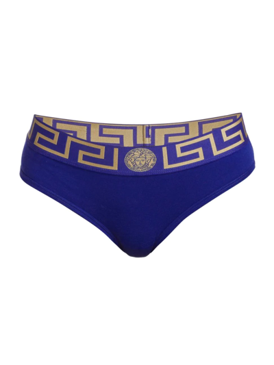 Versace Greek Key Bikini-cut Panty In Blue/gold