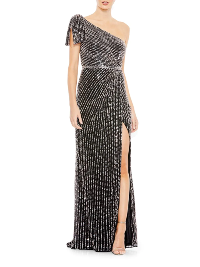 Mac Duggal Sequined One-shoulder Gown In Black