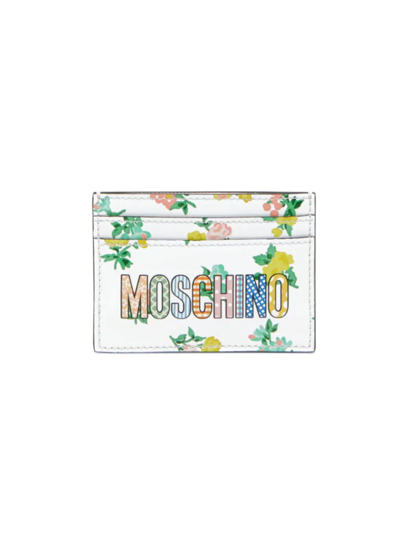 Moschino Logo Floral-print Leather Cardholder In White Multi