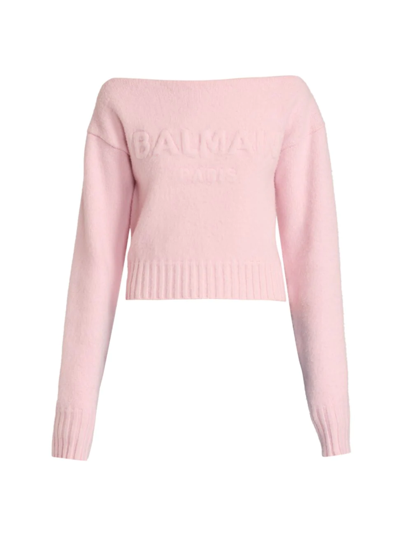 Balmain Off-the-shoulder Brush-logo Jumper In Pink