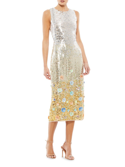 Mac Duggal Metallic Ombré Floral Embellished Sleeveless Midi Dress In Silver Multi