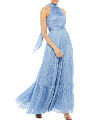 Mac Duggal Tie Neck Tiered Halter Gown In Slate Blue