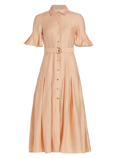 Acler Lockwood Linen Button-front Pleated Midi Dress In Peach