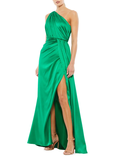 Mac Duggal One-shoulder Satin Gown In Emerald Green