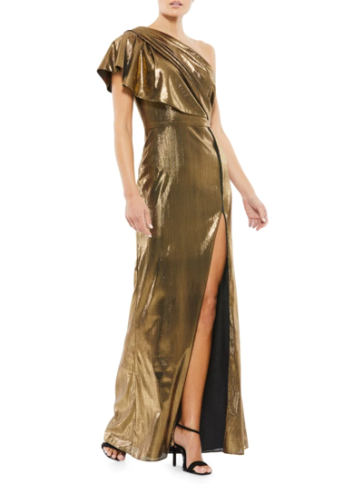 Mac Duggal Ruffled One Shoulder Metallic Evening Gown In Bronze