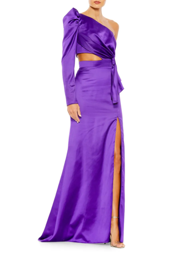 Mac Duggal Leena One-sleeve Cut-out Satin Gown In Purple