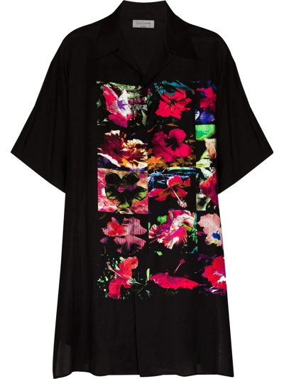 Yohji Yamamoto Flower Print Long Silk Shirt In Black