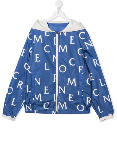 Moncler Teen Logo Lettering-print Hooded Rain Jacket In Blue