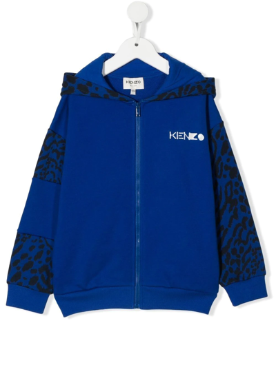 Kenzo Kids' Animal-print Panelled Zip-up Hoodie In Blue