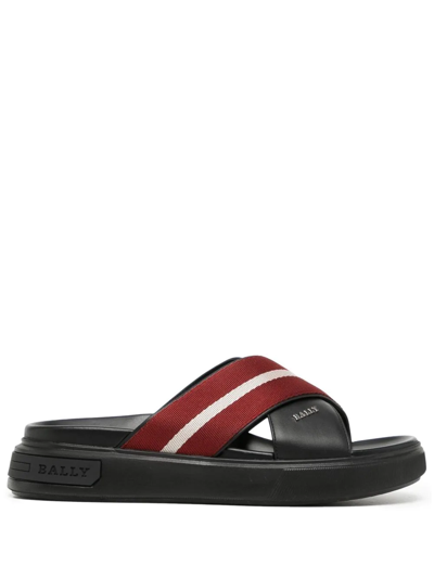 Bally Black And Red Leather Slides In Black/red