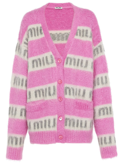 お歳暮･冬ギフト2024｜ギフト・贈り物はセブン Miu Miu Mohair Intarsia-logo Cardigan In Fuchsia | ModeSens トップス