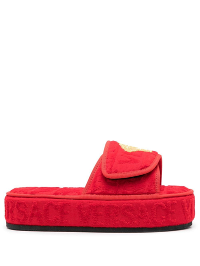 Versace Logo Jacquard Medusa Slippers In Red