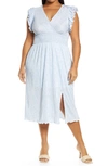 Chelsea28 Flutter Sleeve Plissé Midi Dress In Blue Falls Print