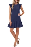 Cece Clip Dot Flutter Sleeve Midi Dress In Classic Navy