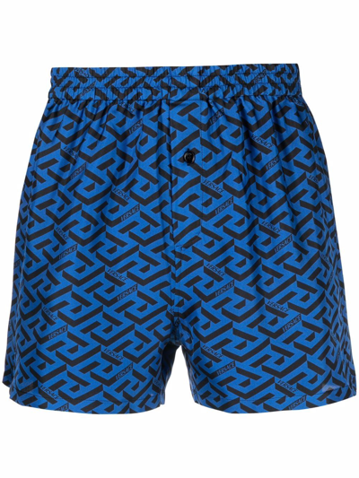 Versace La Greca Silk Twill Boxer Shorts In Blue