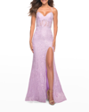 La Femme Tie-back Lace Gown W/ Sheer Bodice In Lavender