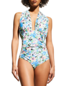 Ganni Floral Patterned One Piece Halter Swimsuit In Floral Azure Blue