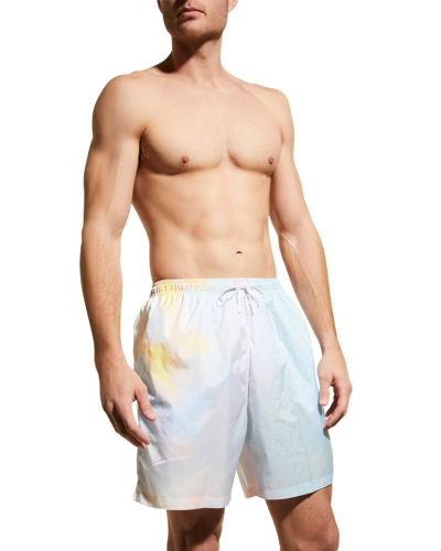 Fendi Straight-leg Mid-length Logo-print Tie-dyed Swim Shorts In Blue