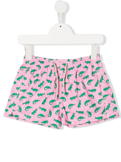 Mc2 Saint Barth Kids' Crocodile-print Swim Shorts In Pink