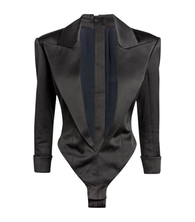 Balmain Plunge-neck Tailored Satin Bodysuit In Black