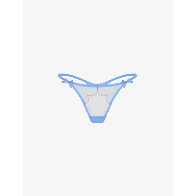 Agent Provocateur Lorna Bow-embellished Embroidered Tulle Thong In Blue/pink