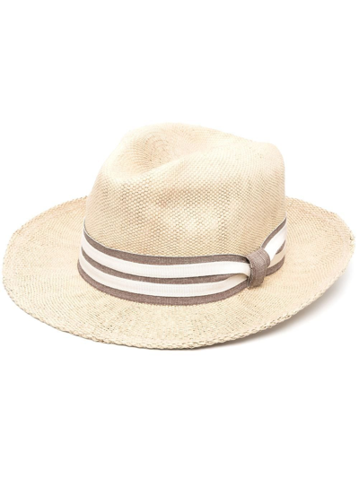 Eleventy Stripe-trimmed Paper Fedora Hat In Sand
