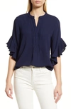 Vince Camuto Women's Ruffle Sleeve Henley Blouse In Classic Navy