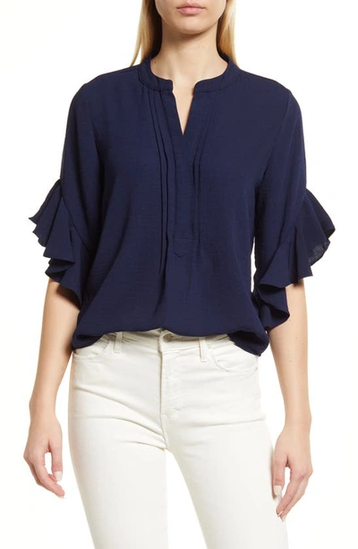 Vince Camuto Women's Ruffle Sleeve Henley Blouse In Classic Navy