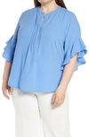 Vince Camuto Plus Size Ruffle Sleeve Henley Blouse In Blue Shadow
