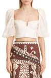Johanna Ortiz Garua Gathered Puff-sleeve Crop Top - Bci Cotton In Ecru