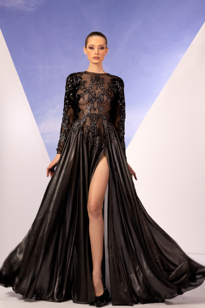 Edward Arsouni Black Chiffon Silver Lace Gown