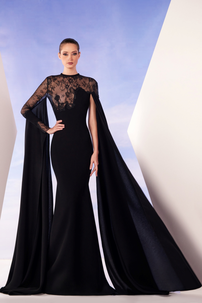 Edward Arsouni Cape Sleeve Lace Crepe Gown