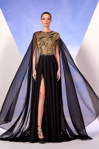 Edward Arsouni Chiffon Black And Gold Gown