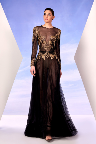 Edward Arsouni Illusion Neck Long Sleeve Embroidered Gown
