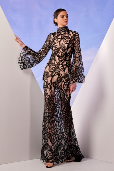 Edward Arsouni Long Sleeve Black Lace Gown