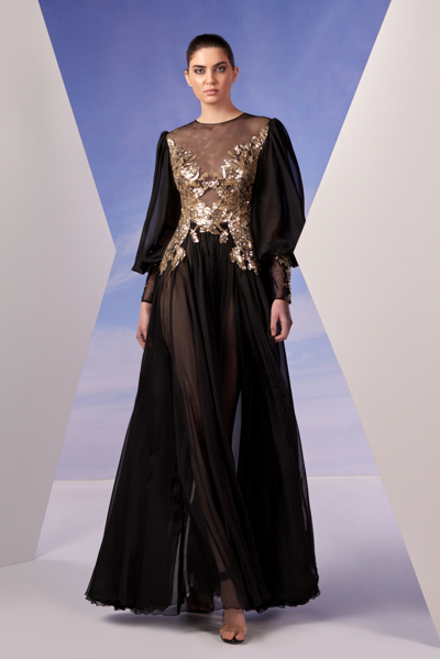 Edward Arsouni Long Sleeve Black Moussline Gown