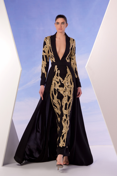 Edward Arsouni Long Sleeve Embroidered Lace Gown