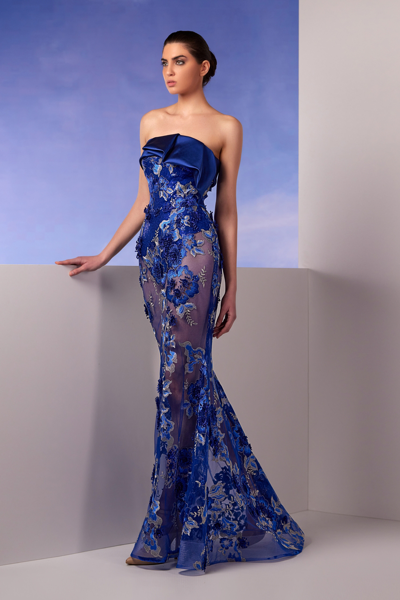 Edward Arsouni Royal Blue Satin Lace Gown