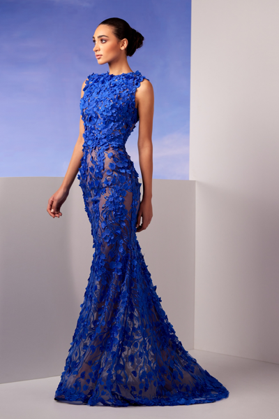 Edward Arsouni Sleeveless Blue Lace Gown
