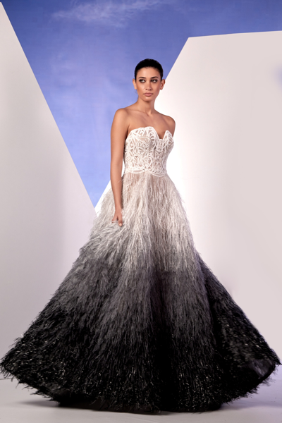 Edward Arsouni Strapless Grey Feather Gown