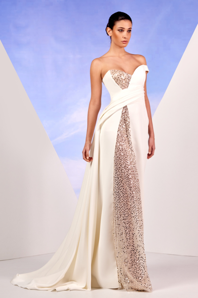 Edward Arsouni Strapless White Crepe Gown